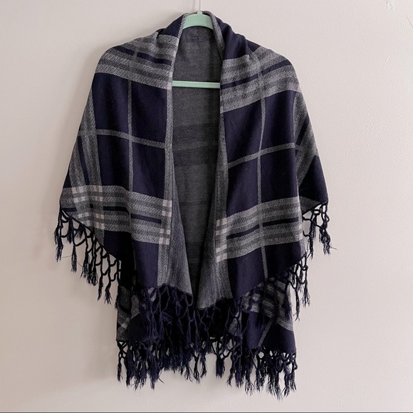 Dress Barn Sweaters - Dress Barn Blue & Gray Plaid Poncho Sweater with Fringe